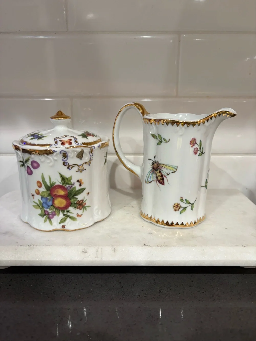 Porcelain Butterfly Floral Creamer and Sugar Set with Gold Trim - White